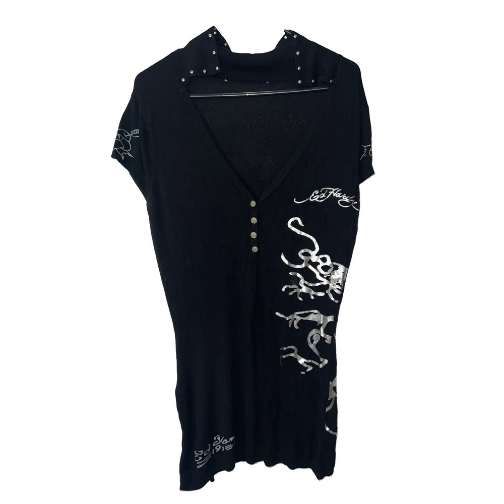 Ed Hardy Christian Audigier Black Graphic Studded V-Neck Long Tunic Knit Large